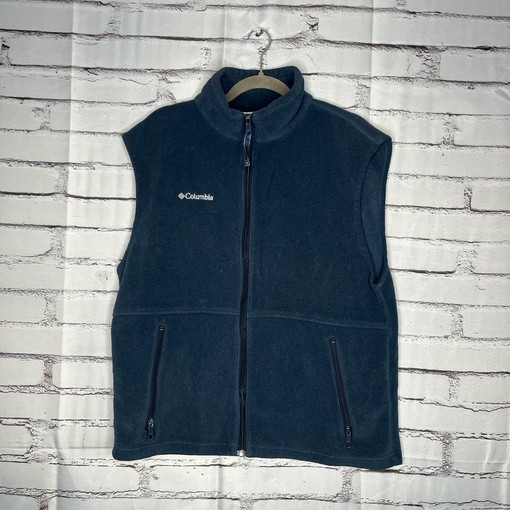Columbia Men's Navy Blue Fleece Sweater Vest Zip up Collared Jacket Sleeveless L